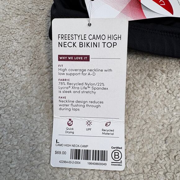 NWT Athleta Freestyle Black Gray Yellow Camo High Neck Bikini Top Size L - Picture 6 of 6